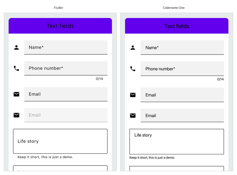 The same screen rendered by Flutter and by Codename One